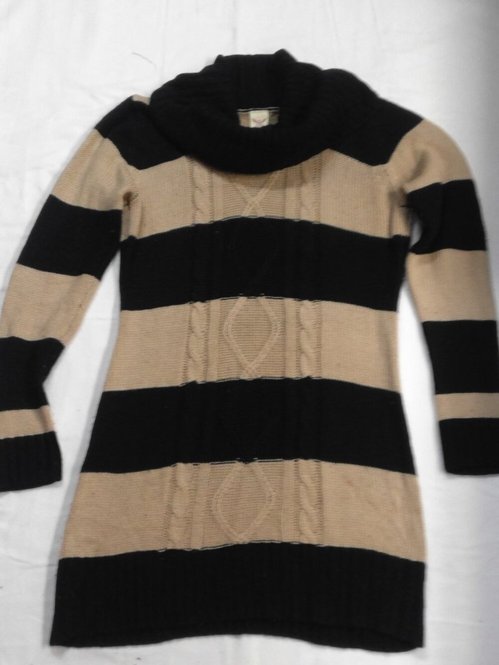 Faded Glory Striped Cable Knit Cowl Neck Sweater Dress Tan Black M
